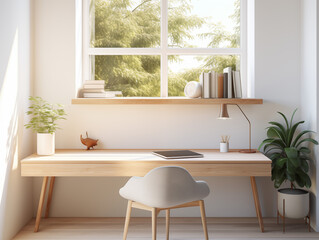 Fototapeta premium Minimalist interior design of a modern study room with a table, wooden shelves, and a window with a winter tree view. 