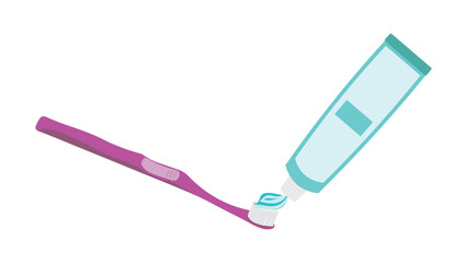 Pink tootbrush and green toothpaste tube vector illustration. teeth brush and Tube of toothpaste flat style. 