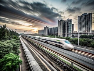 Naklejka premium Captivating Long Exposure Photography of the Zhongli Line High-Speed Rail, Showcasing Its Dynamic Motion Against a Stunning Urban Backdrop at Dusk
