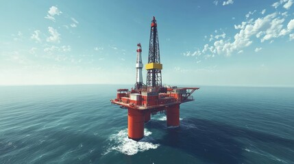 View from above of an offshore drilling platform, solitary in the endless ocean, with rippling water and clear, expansive sky.