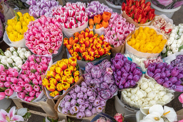 Colorful bouquet of flowers is displayed in a shop window