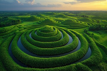 Majestic green terrace farming at sunset: aerial view of spiral crop landscapes