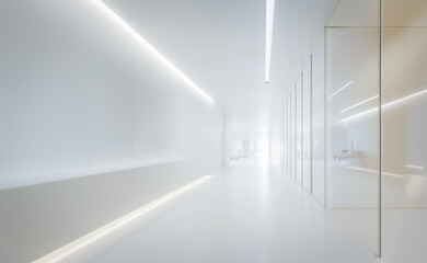 Modern hospital hallway featuring clean, uninterrupted lines and ambient lighting, offering a serene and organized space for patient care.