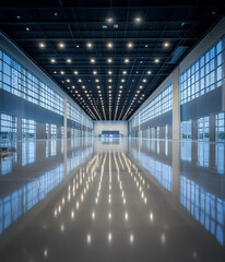 Fototapeta premium Modern convention center interior showcasing a vast hall with reflective floors, high ceilings, and ample natural light streaming through large windows.