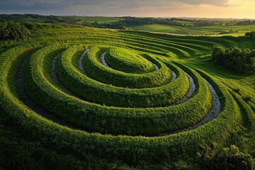 Naklejka premium Aerial view of lush green spiral maze in rural landscape at sunset