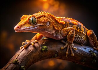 Naklejka premium Captivating Low Light Photography of a Spotted Crested Gecko in Its Natural Habitat, Showcasing Unique Patterns and Colors, Perfect for Nature and Wildlife Enthusiasts