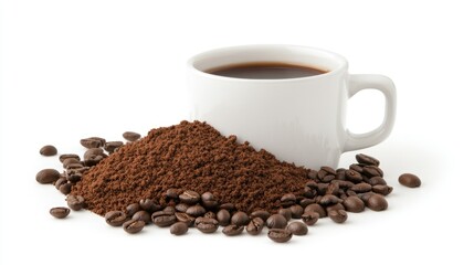 Obraz premium White coffee mug surrounded by a small pile of ground coffee beans, on a plain white background, emphasizing the contrast of colors and textures.