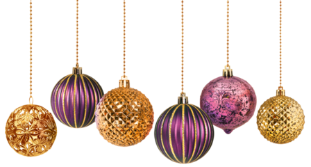 Six gold and purple decoration Christmas balls collection hanging isolated