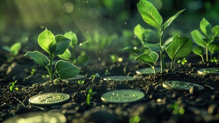 AI generated picture of seedlings on coins in farm