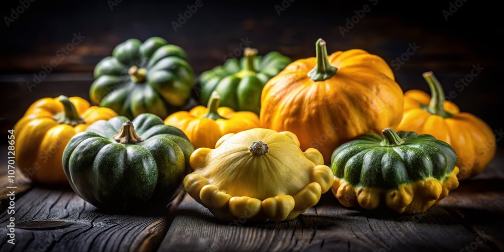 Poster captivating low light photography of pattypan squash with soft shadows and subtle highlights, showca