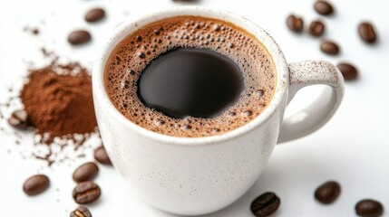 Fototapeta premium White mug filled with coffee, with ground coffee beans scattered around, on a plain white background, showcasing a cozy vibe.