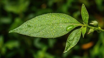 A close-up of a dew-covered green leaf.