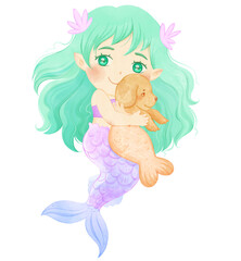 Cute little Mermaid girl with green eyes hugging mermaid dog. Magic mermaid illustration isolated on white background. Sea theme Watercolor characters.
