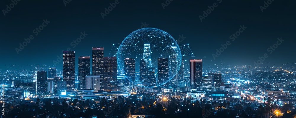 Poster a digital globe surrounded by lines and dots symbolizing global network, with a dynamic nighttime ci