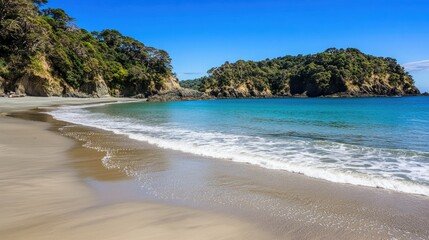 Wide, open beach with tranquil, blue waters, under the bright sun, with untouched sand glistening.