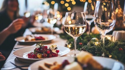 Fototapeta premium Festive Holiday Gathering, friends enjoying a vibrant table filled with seasonal dishes, celebrating warmth, joy, and togetherness during the holidays