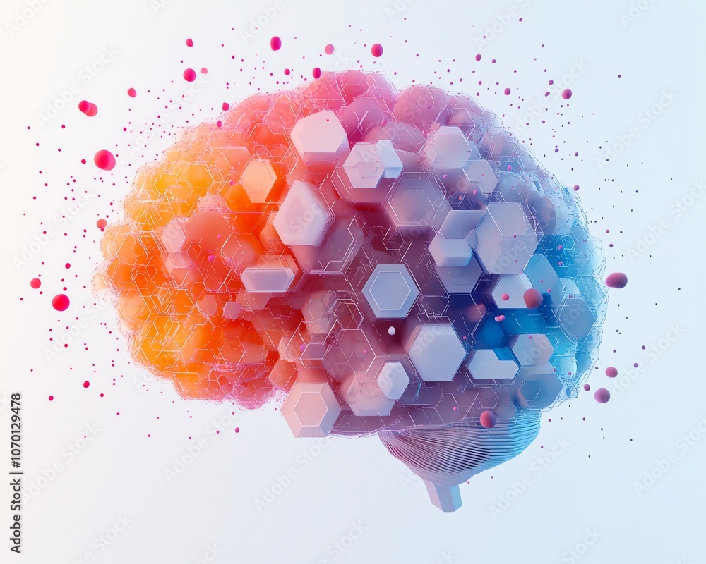 Poster a futuristic brain formed from colorful hexagons and floating data points, against a white backdrop,