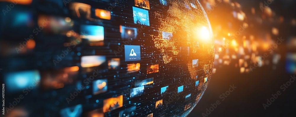 Poster a glowing digital globe surrounded by floating photos and data streams, dark technology background, 
