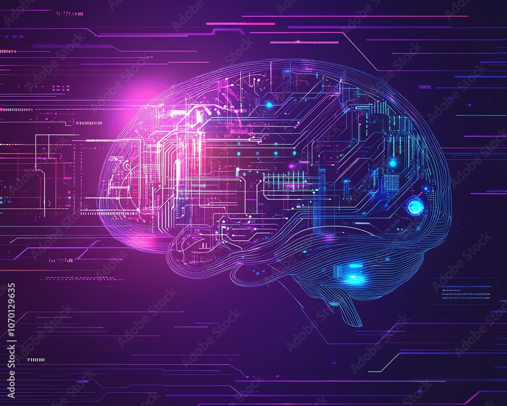 Poster a futuristic purple background with a brain silhouette composed of blue and white lines and data poi