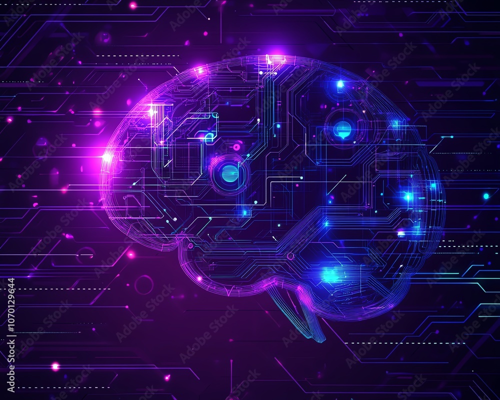 Poster a futuristic purple background with a brain silhouette composed of blue and white lines and data poi