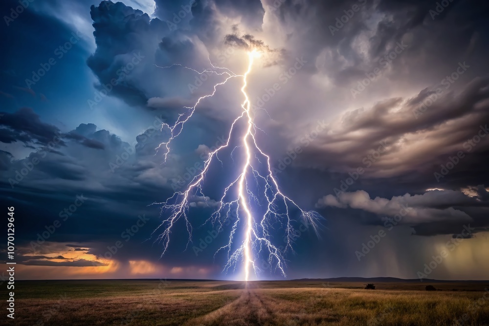 Poster captivating minimalist photography of a blitz: dynamic lightning strikes over a serene landscape wit