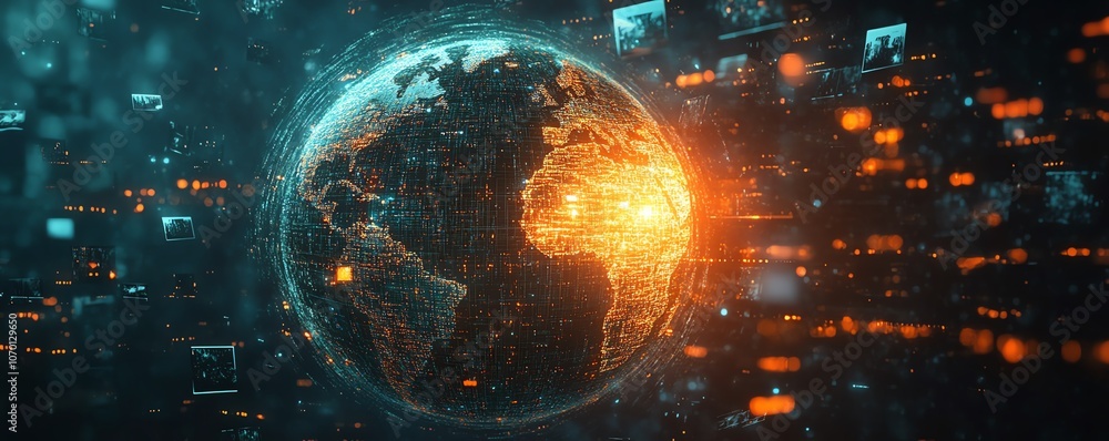 Poster a glowing digital globe surrounded by floating photos and data streams, dark technology background, 