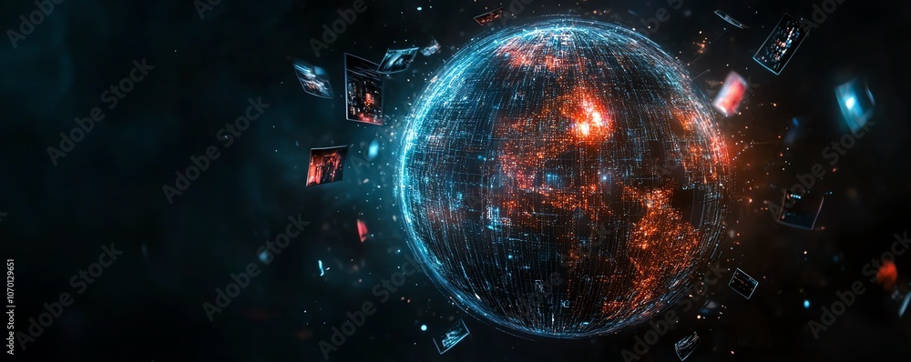 Aufkleber a glowing digital globe with interconnected data lines and floating photos on a dark background, rep