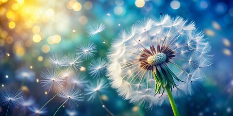 Obraz premium Captivating Macro Shot of a Dandelion Blowball in Summer, Emphasizing White Seeds Dancing in the Wind with a Beautiful Bokeh Effect for a Sense of Freedom and Nature's Beauty