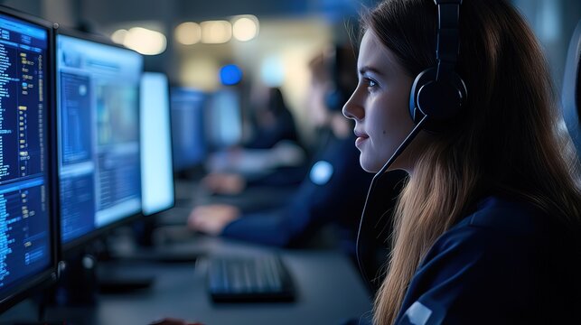A young woman in a headset sits in front of a computer screen, looking focused and attentive in a dark office setting.
