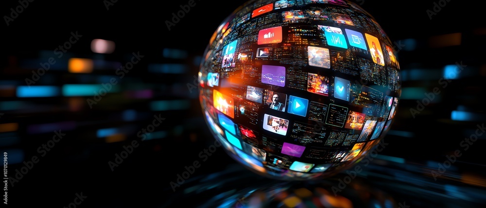 Aufkleber a glowing digital globe with data links and floating photos, dark background design symbolizing the 