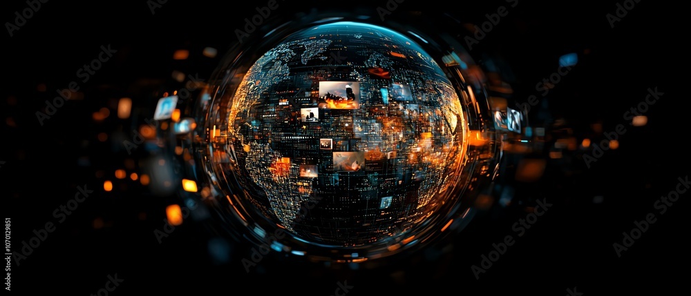 Aufkleber a glowing digital globe with data links and floating photos, dark background design symbolizing the 