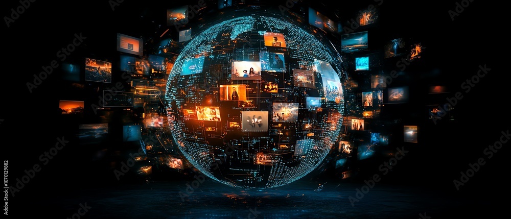 Aufkleber a glowing digital globe with data links and floating photos, dark background design symbolizing the 