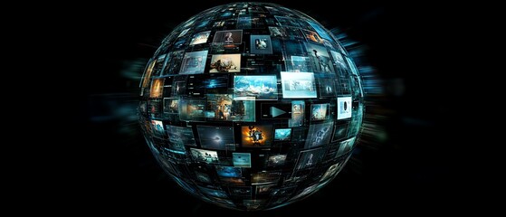 A glowing digital globe with data links and floating photos, dark background design symbolizing the global reach of video streaming services and social media advertising