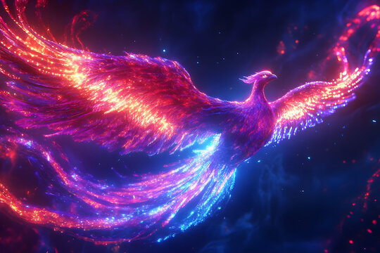 A glowing, vibrant phoenix bird flies through a starry night sky, its wings ablaze with fiery energy.