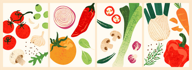 Mix of organic vegetables. Fresh farm food with green leaves, hand drawn colorful natural ingredients for salad cooking, modern posters. Vector vegetarian food set © Yelyzaveta
