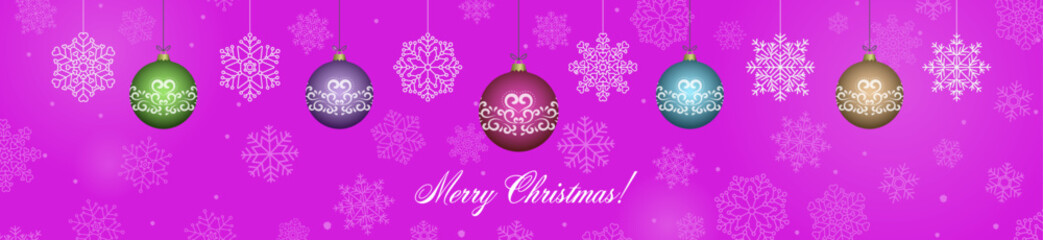 Girlie Merry Christmas banner cardin pink color with snowflakes, color balls vector. Winter holidays concept card design to use for merry christmas cards, winter advertising, holiday greetings. 