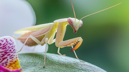 A close-up of a green praying mantis with its forelegs raised and its eyes wide open, looking at the camera, perched on a green leaf.