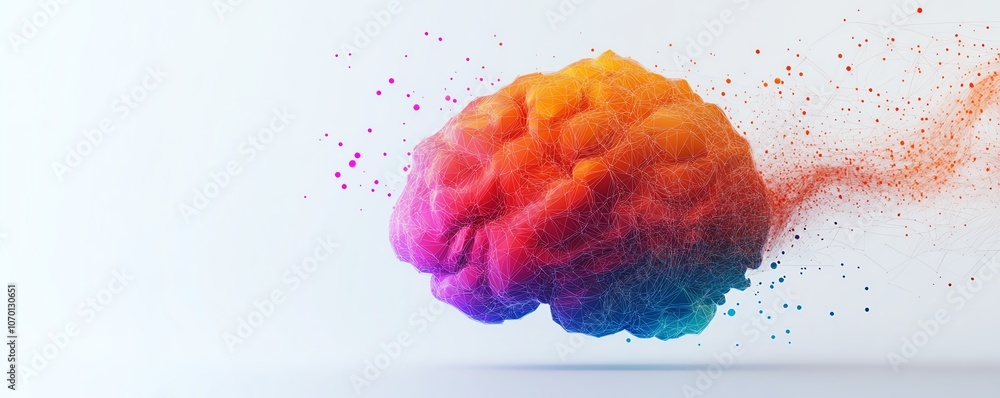 Poster a vibrant, colorful brain built from hexagons and connected data points, against a clean white backg