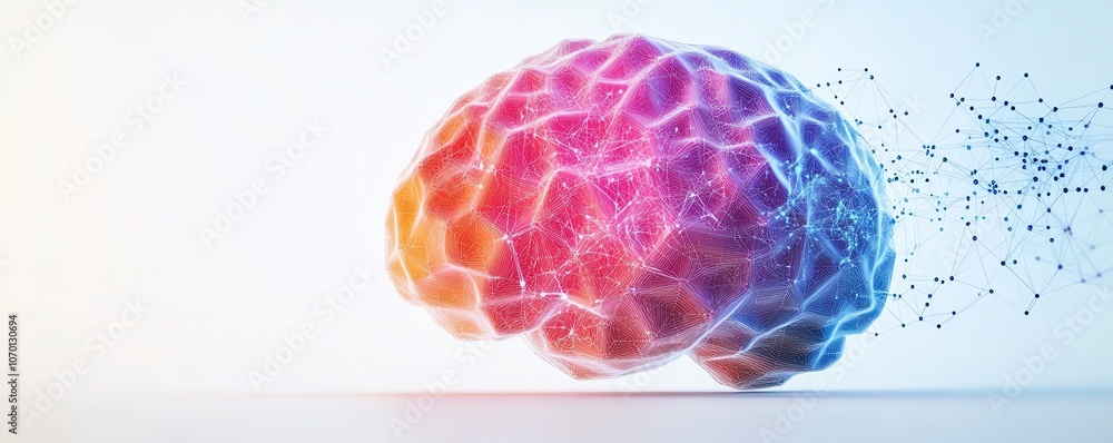 Poster a vibrant, colorful brain built from hexagons and connected data points, against a clean white backg