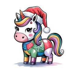 Obraz premium Watercolor of a kawaii, patchwork Unicorn wearing a matching Santa hat. illustration