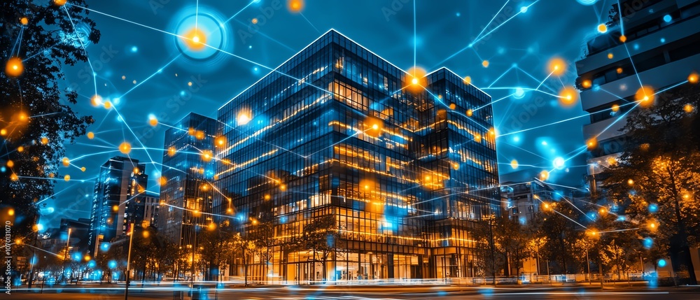 Aufkleber an office building surrounded by glowing digital connections and floating data points, futuristic ur