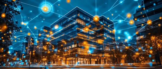 An office building surrounded by glowing digital connections and floating data points, futuristic urban setting with neon accents and holographic interfaces