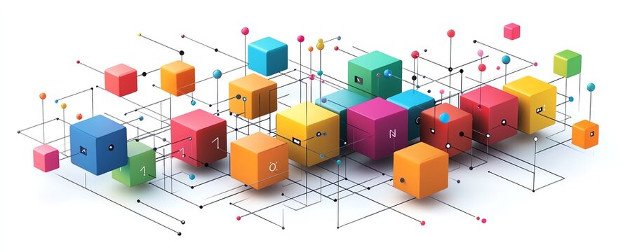 An isometric network of colorful blocks and dots connected by simple lines, on a white background, symbolizing digital communication and data transfer