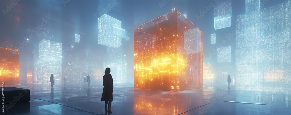 Poster an office skyscraper surrounded by digital holograms, with floating data points and glowing nodes, f