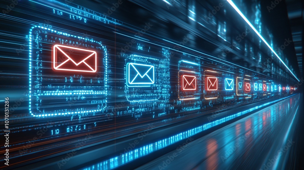 Poster digital email icon with neon lights and data background