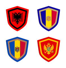 vector set of shield icon badge - flag nation (albania, andorra, moldova, montenegro)