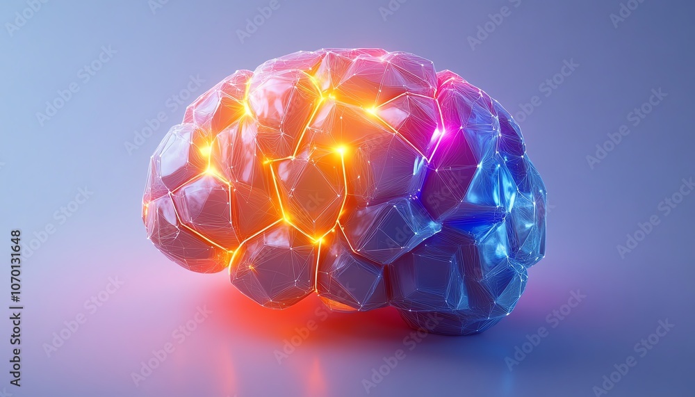 Poster colorful geometric brain composed of hexagons and glowing data points, on a white background, symbol