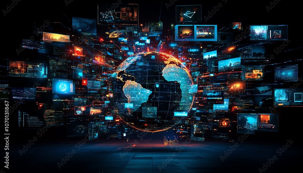 Poster digital globe surrounded by glowing data points and photos, dark background with a techinspired glob