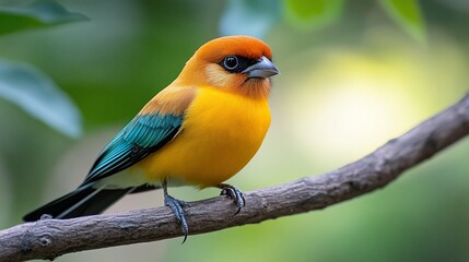 Fototapeta premium A vibrantly colored bird with a black eye perches on a branch with a blurred green background.