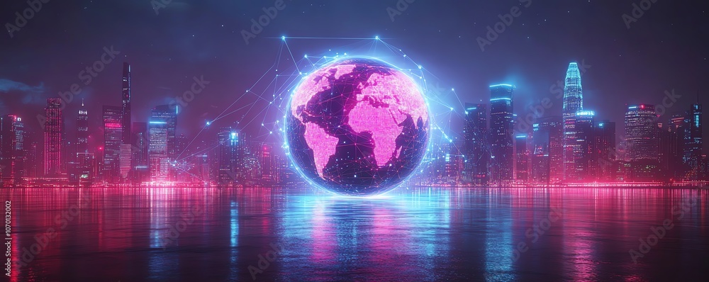 Poster digital globe with connecting dots and network lines, showcasing global connectivity against a moder